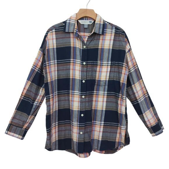 Old Navy Tops - Old Navy The Boyfriend Shirt Womens Medium Blue Brown Plaid Button Long Sleeve